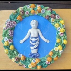 Italian Della Robbia Infant Jesus Fruit Wreath Wall Plaque Religious Majolic